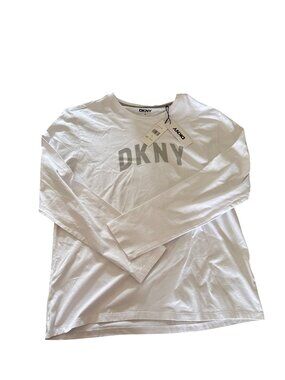 DKNY White Long-Sleeve Logo Tee Shirt M Cotton & Spandex Blend Lightweight Made